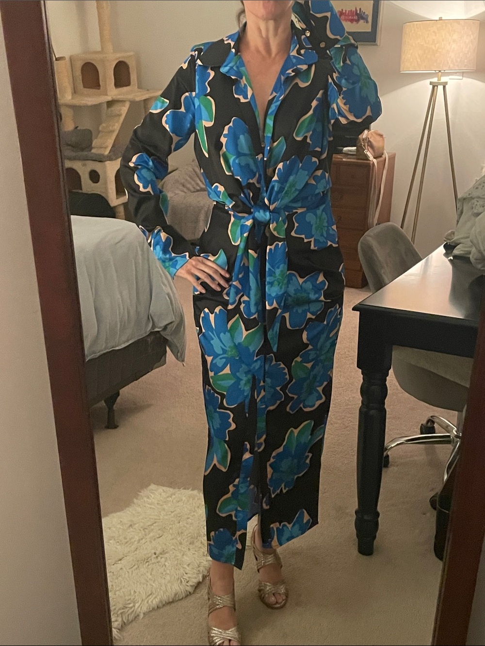 Black Floral Tie-Front Maxi Dress with Blue & Green Blooms